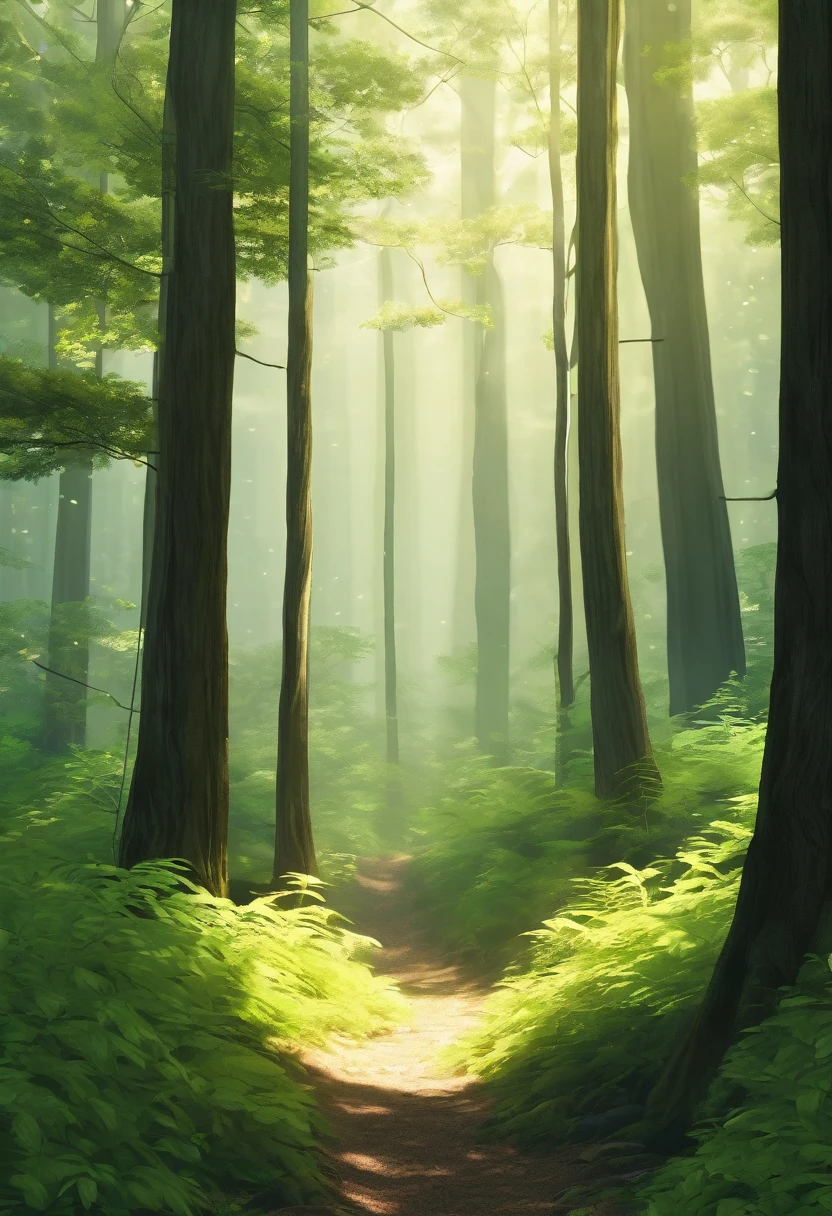 A tranquil, quiet forest with soft, diffused light filtering through the trees. The scene should evoke a sense of calm and invitation, as if calling someone to join and experience the serene beauty.