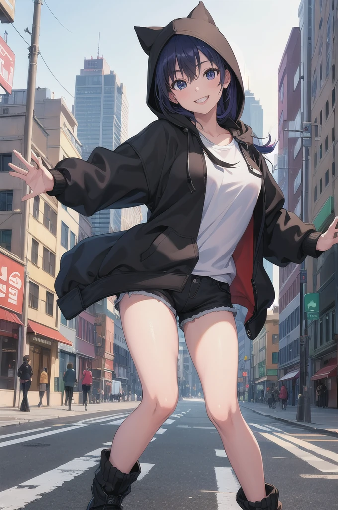 (masterpiece, best quality:1.2), solo, 1girl, kurome, smile, looking at viewer, hood up, hooded jacket, black shorts, cityscape, street