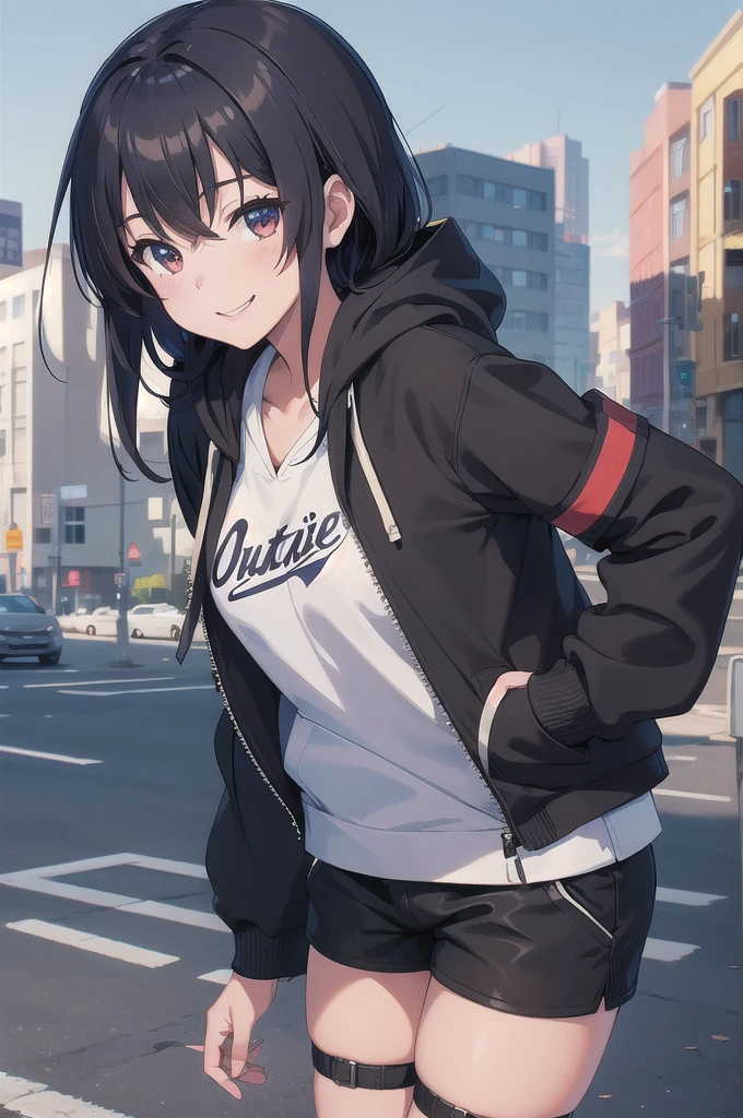 (masterpiece, best quality:1.2), solo, 1girl, kurome, smile, looking at viewer, hood up, hooded jacket, black shorts, cityscape, street