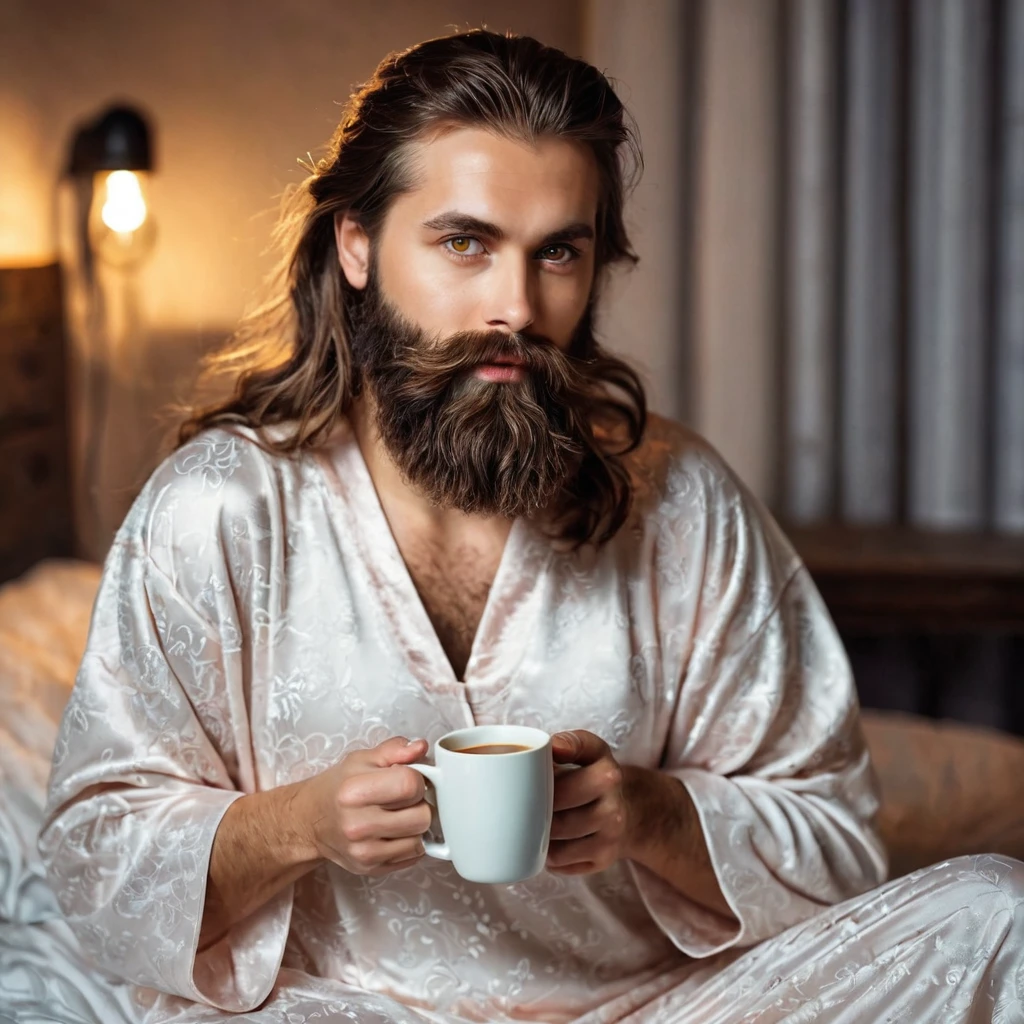 woman with a beautiful, well-groomed beard, brown hair, amber eyes, in a nightgown, drinks coffee