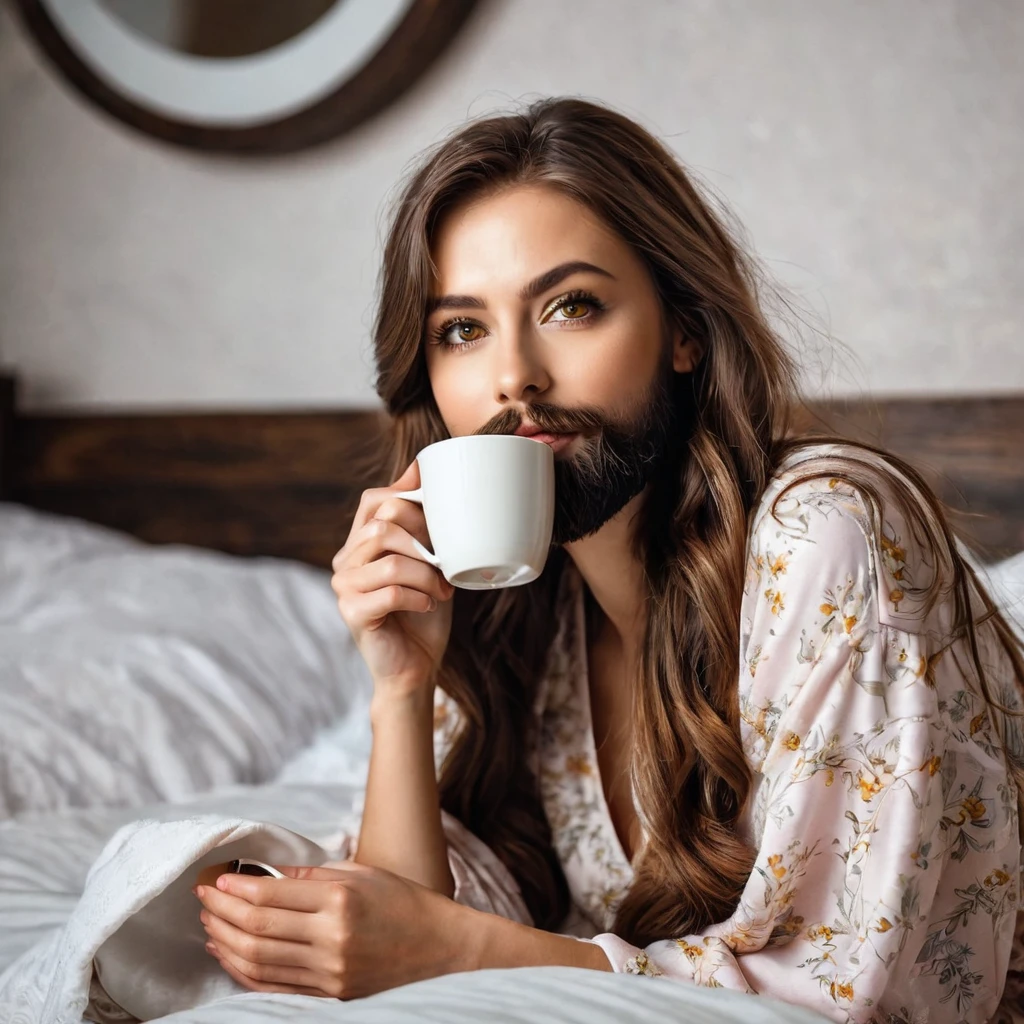
woman with a beautiful, well-groomed beard, brown hair, amber eyes, in a nightgown, drinks coffee