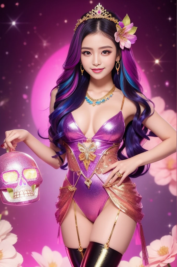 sexy Thai model who controls poison、beautiful smile、lip-gloss、long lashes、colorful metallic makeup、look at the camera、full body Esbian、、sparkling poisoned flower costume、、、、sparkling Colorful hair、secrete poison、skull hair accessories、sexy tights、shiny sparkling flowers background