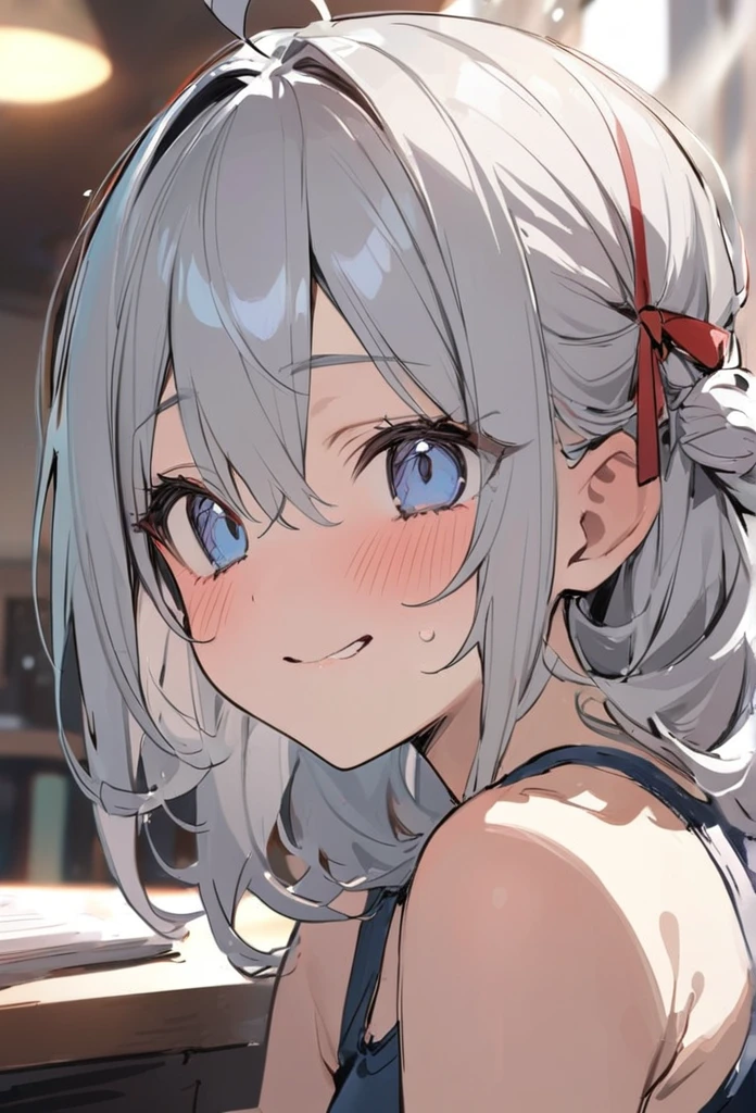 「Cute neighbor Aarya blushing in embarrassment、Face close-up、Long silver hair、Blue eyes、((Wear a small red ribbon on the right side of your head))、School swimsuit、Redness on the cheeks、A shy smile、Soft pastel colors、Soft lighting、high quality、Typical Russian apartment detailed background」In the classroom、masterpiece、high quality、sketch.Ahoge