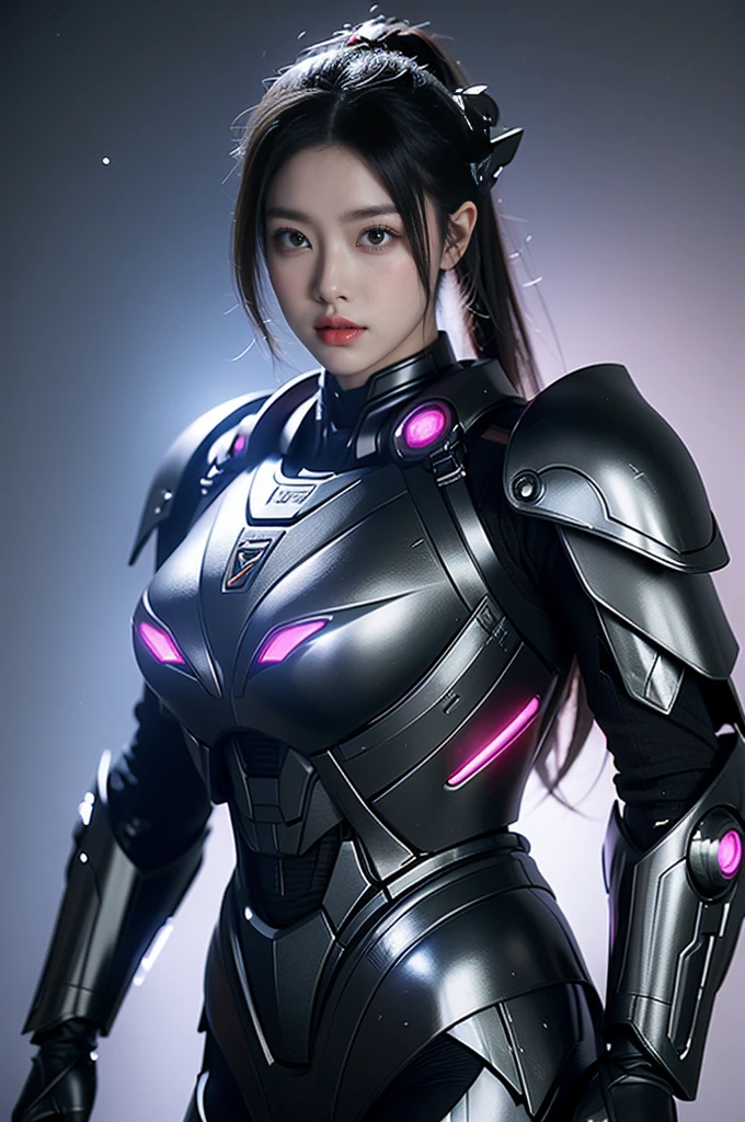 Game Art,Best image quality,Maximum resolution,8K,((A bust photo)),((portrait)),(Rule of Thirds),Unreal Engine 5 rendering works, (Future girl),(Female Warrior), 22-year-old young hacker),(Oriental hairstyle),(Beautiful eyes full of details),(Large Breasts),(Eyeshadow),Elegant and charming,indifferent,((frown)),(Combat uniforms full of futuristic technology,This costume combines futuristic power armor and,Clothing is decorated with glittering patterns and emblems),Cyberpunk Characters,in the style of futuristic, lamp,Ray Tracing,Game CG,((3D Unreal Engine)),OC rendering reflection mode