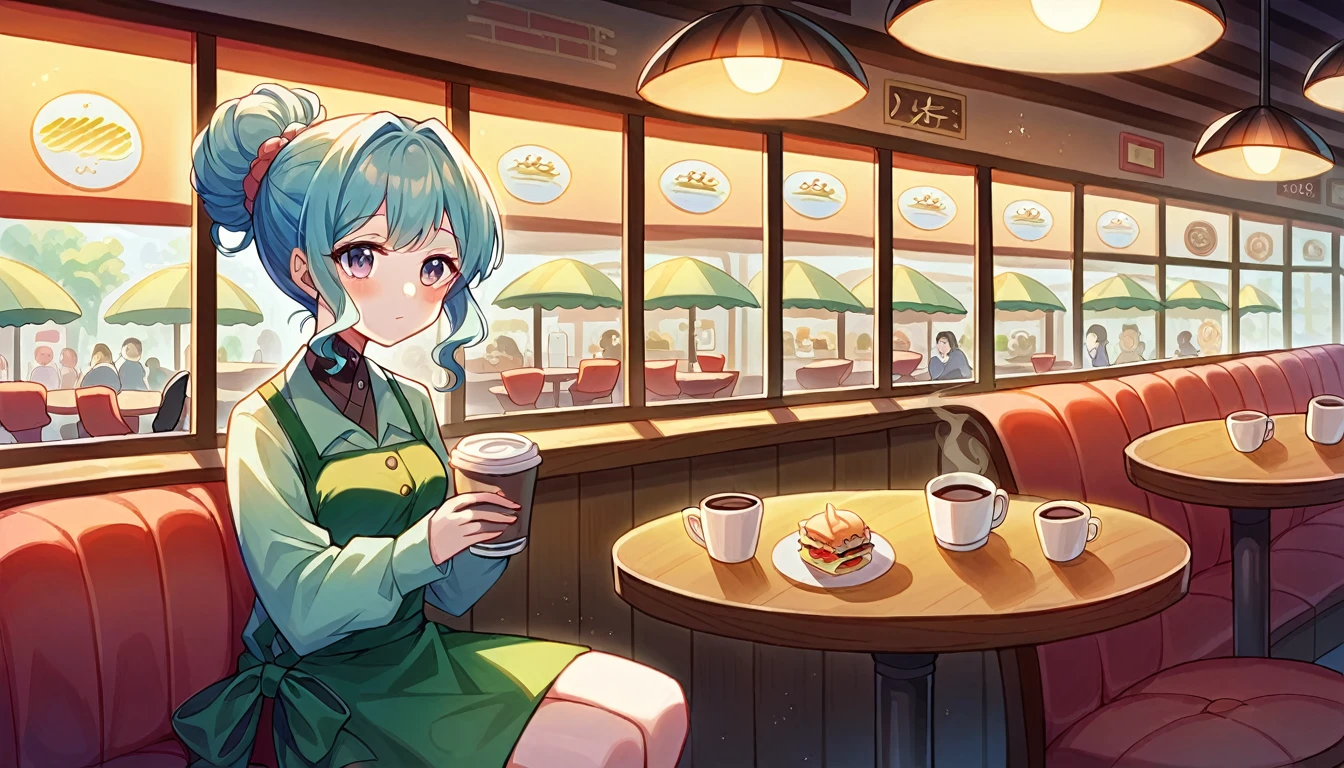 Illustration of a restaurant with a bar and a bar with red stools, cozy Cafe background, detailed an empty jazz Cafe, Cafe lighting, Cafe interior, coffee shop, Diner Background, Random background scenes, fantasy Izakaya background, Izakaya background, sitting alone in a Cafe, Cafe, mysterious coffee shop girl, Speakeasy bar background, 2D Game Environment Design