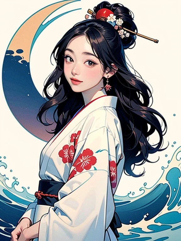 (Highest quality、masterpiece、High resolution、8K)、Ukiyo-e、Vibrant colors、1 female、The kimono has a vivid floral pattern on a white background.、Katsushika Hokusai、White waves and Mt. Fuji、White waves, the moon and a woman、White waves, a boat and a woman、White waves and a woman、Long Black Hair、White waves and a womanとカモメ、Official Art、Detailed CG、