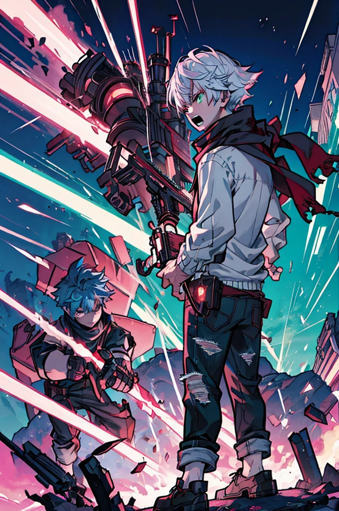 2boy, serious, angry expression, open mouth, teal color hair, cool wavy hairstyle, green eyes, wearing white shirt, wearing long black scarf, wearing black ripped jeans, wearing unique red shoes, blue electricity coming out of hands, crossing arms, attacking fighting position. 2boy, back side view, serious, angry expression, gritting his teeth, light purple hair, white hair bangs highlight, red eyes, wearing dark cherry color sweater, wearing small black and white chest armor, wearing black baggy trousers, wearing dark red and white futuristic shoes, holding futuristic revolver on right hand pointing, revolver surrounded with blue electricity, left arm in front, offensive fighting position night time, destroyed city background, high res, ultrasharp, 8K, masterpiece.