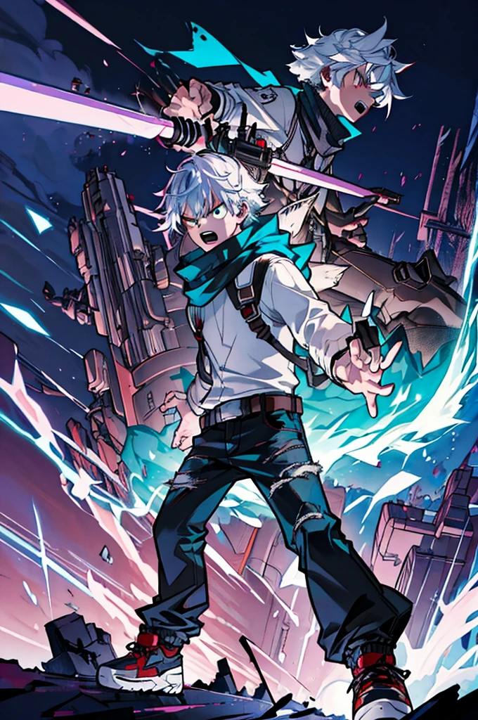 2boy, serious, angry expression, open mouth, teal color hair, cool wavy hairstyle, green eyes, wearing white shirt, wearing long black scarf, wearing black ripped jeans, wearing unique red shoes, blue electricity coming out of hands, crossing arms, attacking fighting position. 2boy, back side view, serious, angry expression, gritting his teeth, light purple hair, white hair bangs highlight, red eyes, wearing dark cherry color sweater, wearing small black and white chest armor, wearing black baggy trousers, wearing dark red and white futuristic shoes, holding futuristic revolver on right hand pointing, revolver surrounded with blue electricity, left arm in front, offensive fighting position night time, destroyed city background, high res, ultrasharp, 8K, masterpiece.