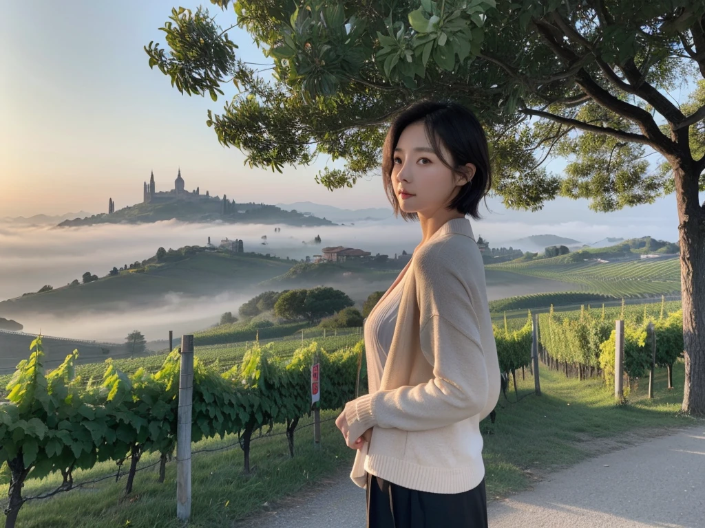 8k best picture quality, Beautiful 36-year-old Korean woman, short and nice weather. Chest size 34 inches, Dense fog at dawn in the Italian countryside, past the vineyard, The cathedral is visible in the fog in the distance., The back background is realistic and vivid image quality, Short and medium hair blowing in the wind, Wearing high-end luxury brand travel clothes, pants and cardigan., a faint smile. the background is clear, Short and slim Korean woman, stand far away, Photo taken with a wide-angle lens, Dawn fog