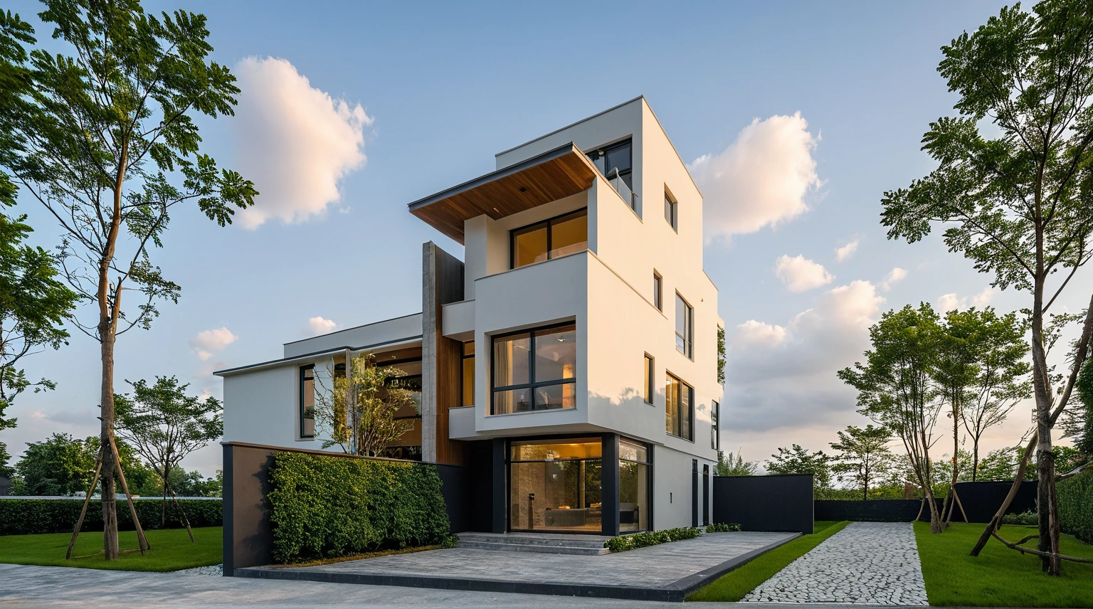 Masterpiece, high quality, best quality, authentic, super detailed, outdoor, aiaigroup, modern townhouse style, stairs, white wall combined with wood, wind encaustic tiles, iron gate, conwood ceiling, flowers, path, summer evening, grass, trees, sky, clouds, (daylight: 1.1)