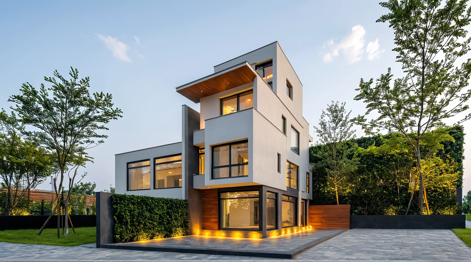 Masterpiece, high quality, best quality, authentic, super detailed, outdoor, aiaigroup, modern townhouse style, stairs, white wall combined with wood, wind encaustic tiles, iron gate, conwood ceiling, flowers, path, summer evening, grass, trees, sky, clouds, (daylight: 1.1)