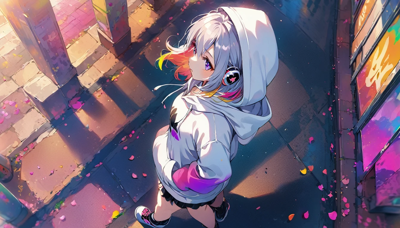 ((Masterpiece)), ((best quality)), (Anime:1.3), (super detail:1.2), (High Definition:1.3), (Professional Photography:1.3), cute young Girl, (Gazing into the distance:2), (Gazing skyward:2), (Her not looking at camera), Glossy unruly hair, (loose swept bangs), (silver ash hair), medium hair, big eyes, (Eye bags:1.3), (Long eyelashes), colorful eyes, (frown), Glossy lips, (jagged teeth), ((white hoodie with oversized)), barearms, cute, (hands in pocket), (colorful:1.3), gothic makeup, (walking around the City), colorful petals dance around her, beautiful sunset, wearing headphones, (shoot from side), (from above:1.8),