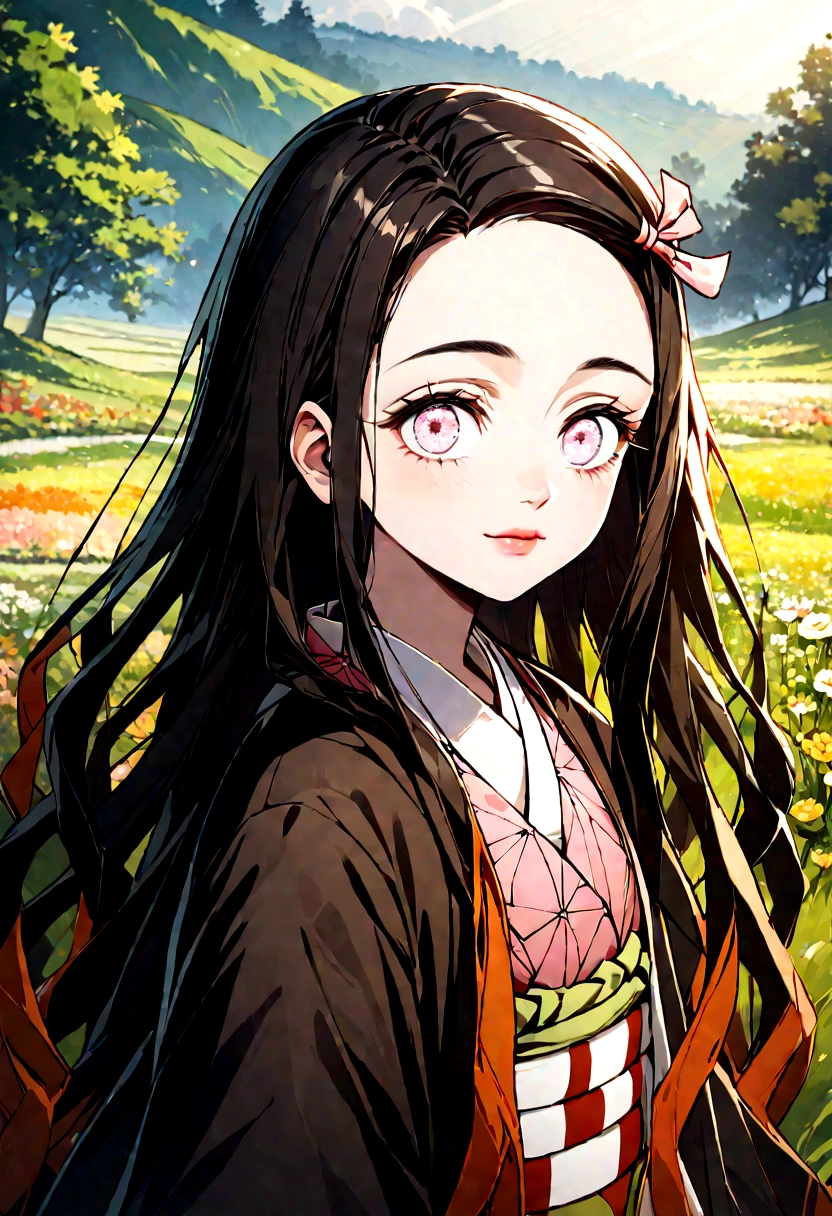 A close-up shot of Nezuko, her eyes meeting the viewer's gaze with a peaceful look. The background is a tranquil nature scene with green fields, vibrant flowers, and gentle sunlight, creating a sense of calm and serenity. Detailed textures, vibrant hues, peaceful setting, hd quality
