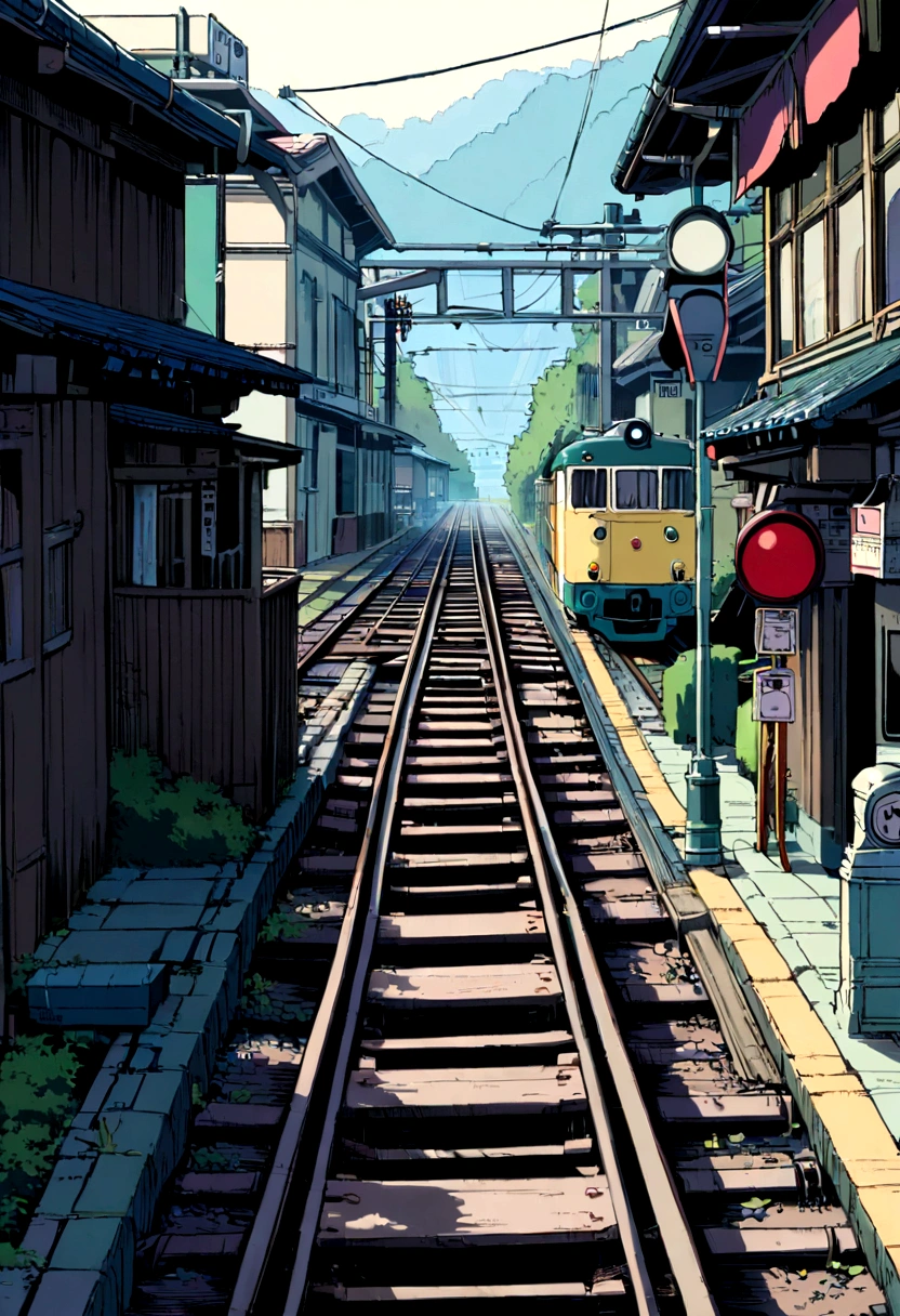 Scenery of the 80s in Japan, Studio Ghibli, train track, (If you listen to the original), girl, a train passes by, train traffic lights, crosswalk 