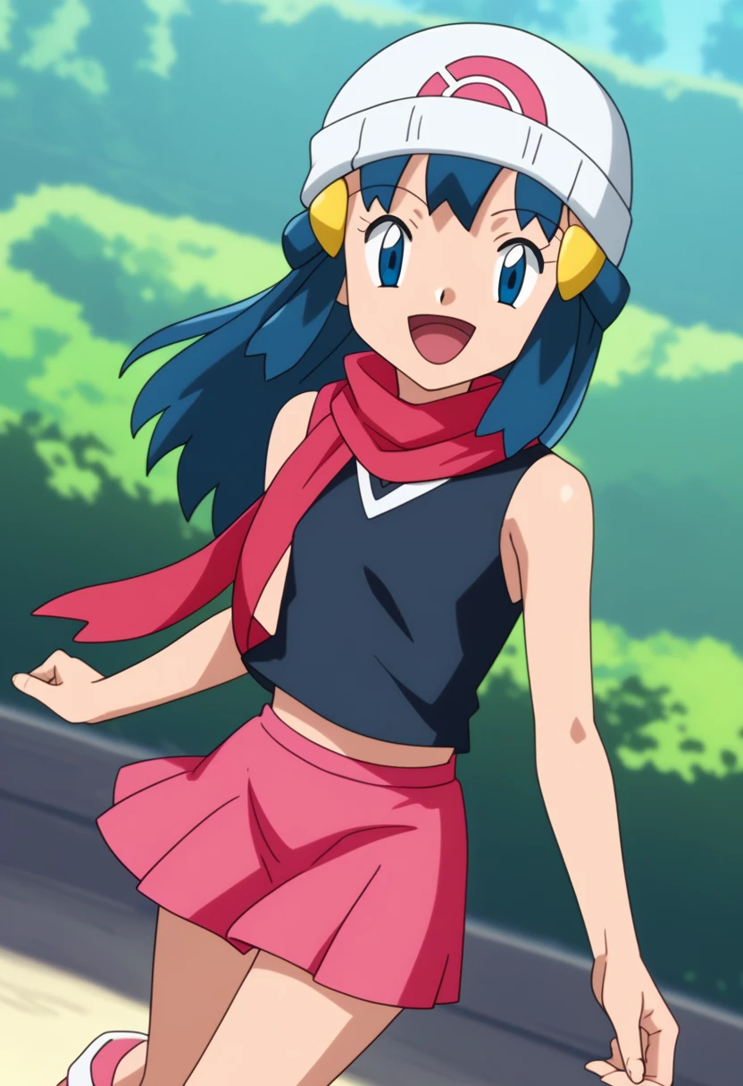 score_9, score_8_up, score_7_up, source anime, anime, animification, anime screencap, anime coloring, vivid colors, shiny skin, skindentation, deep skin, depth of field, high quality, highres, (dynamic angle,dynamic pose), dawncheerxl, 1girl, solo, long hair, looking at viewer, smile, open mouth, blue eyes,beanie, black sleeveless shirt, pink scarf, pink skirt, pink boots,outdoors, hair ornament, sky, holding, blue hair, :d, sidelocks, tongue, socks, hairclip, eyelashes , dawn \(pokemon\) BREAK masterpiece,high quality