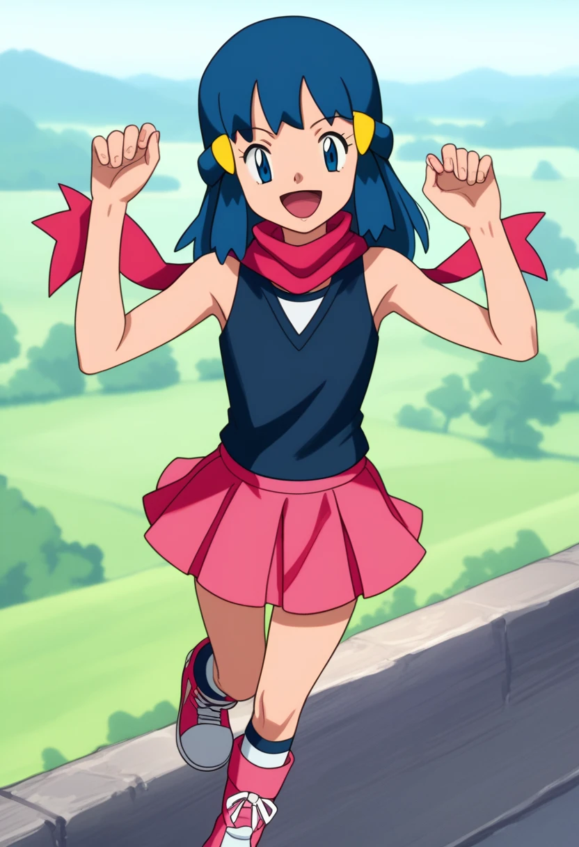 score_9, score_8_up, score_7_up, source anime, anime, animification, anime screencap, anime coloring, vivid colors, shiny skin, skindentation, deep skin, depth of field, high quality, highres, (dynamic angle,dynamic pose), dawncheerxl, 1girl, solo, long hair, looking at viewer, smile, open mouth, blue eyes,beanie, black sleeveless shirt, pink scarf, pink skirt, pink boots,outdoors, hair ornament, sky, holding, blue hair, :d, sidelocks, tongue, socks, hairclip, eyelashes , dawn \(pokemon\) BREAK masterpiece,high quality