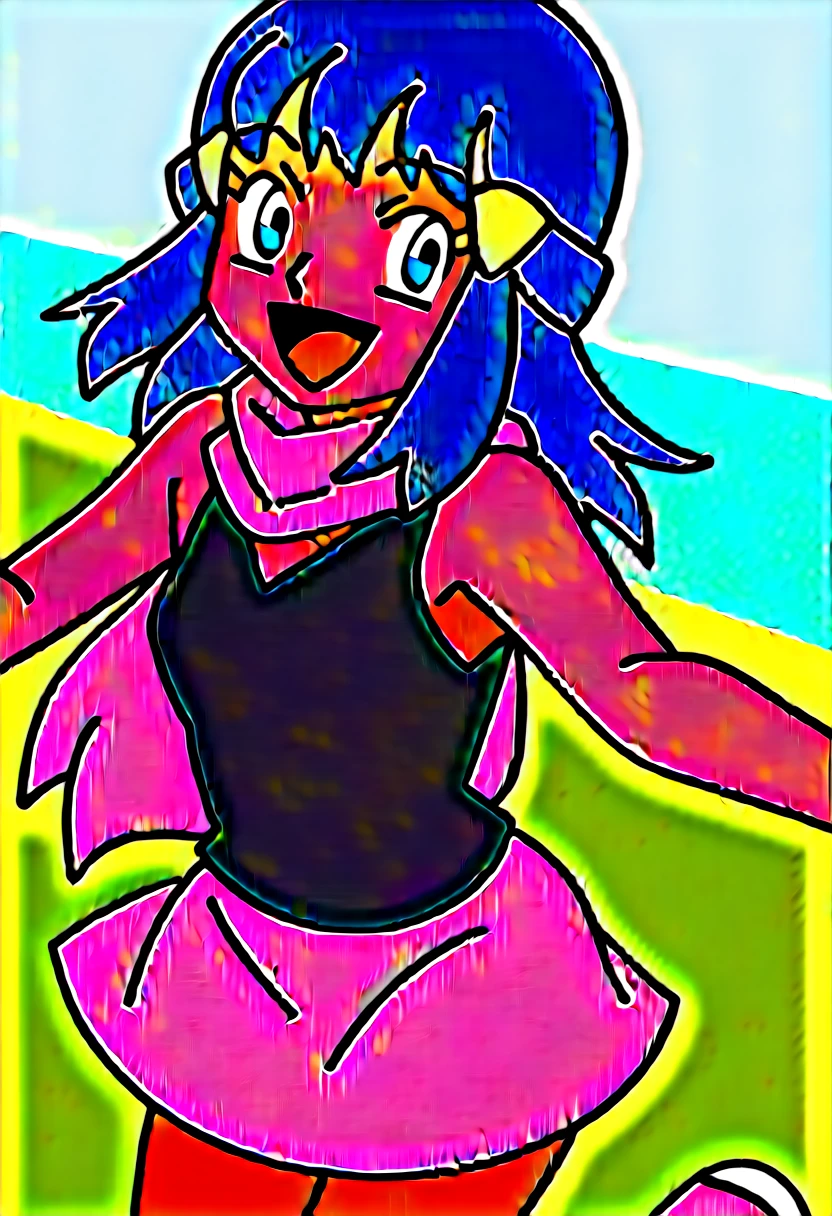 score_9, score_8_up, score_7_up, source anime, anime, animification, anime screencap, anime coloring, vivid colors, shiny skin, skindentation, deep skin, depth of field, high quality, highres, (dynamic angle,dynamic pose), dawncheerxl, 1girl, solo, long hair, looking at viewer, smile, open mouth, blue eyes,beanie, black sleeveless shirt, pink scarf, pink skirt, pink boots,outdoors, hair ornament, sky, holding, blue hair, :d, sidelocks, tongue, socks, hairclip, eyelashes , dawn \(pokemon\) BREAK masterpiece,high quality