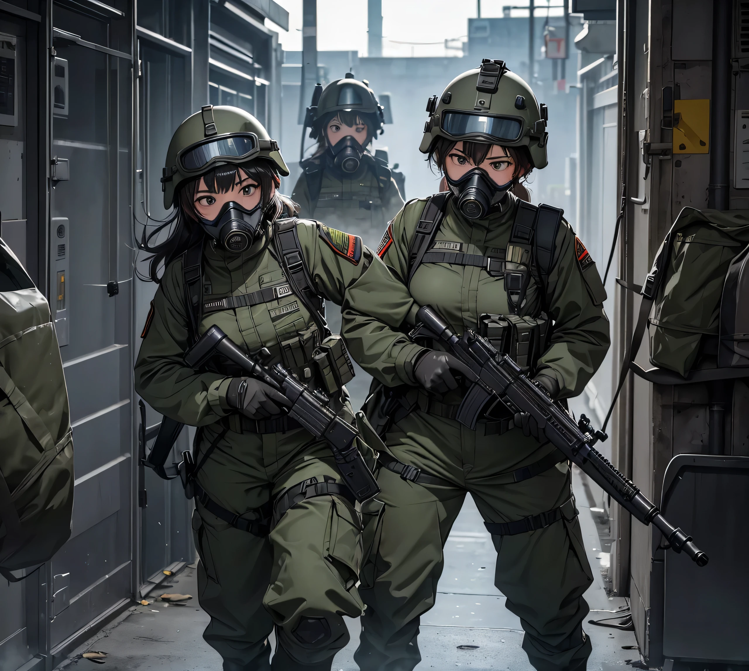 A group of female soldiers wearing gas masks、Dark gray military uniform、Wear a steel helmet、Wear goggles、Military Pants、Hand-to-hand combat in a hospital corridor、Write details、masterpiece、best quality、Highly detailed CG、8K picture quality