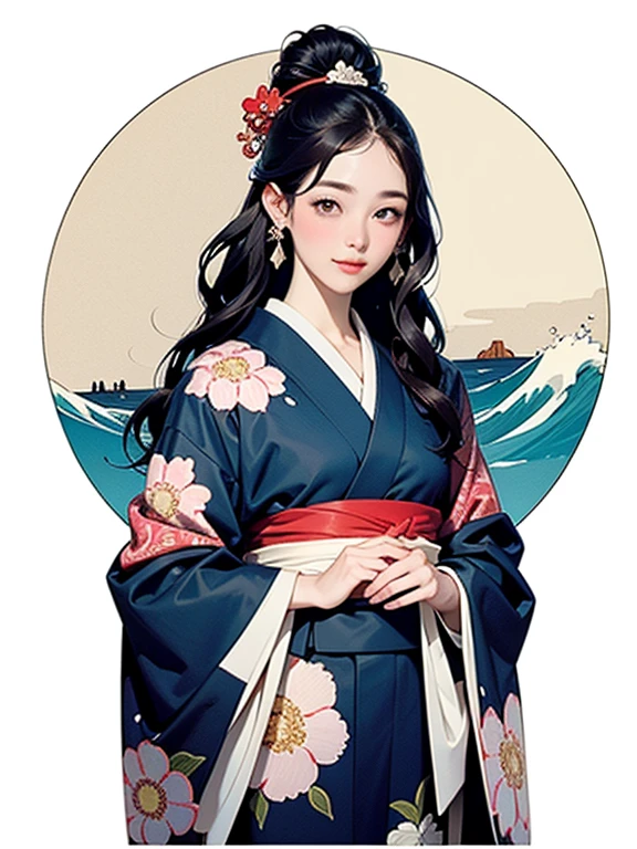 (Highest quality、masterpiece、High resolution、8K)、Ukiyo-e、Vibrant colors、1 female、The kimono has a vivid floral pattern on a white background.、Katsushika Hokusai、White waves and Mt. Fuji、White waves, the moon and a woman、White waves, a boat and a woman、White waves and a woman、Long Black Hair、White waves and a womanとカモメ、Official Art、Detailed CG、