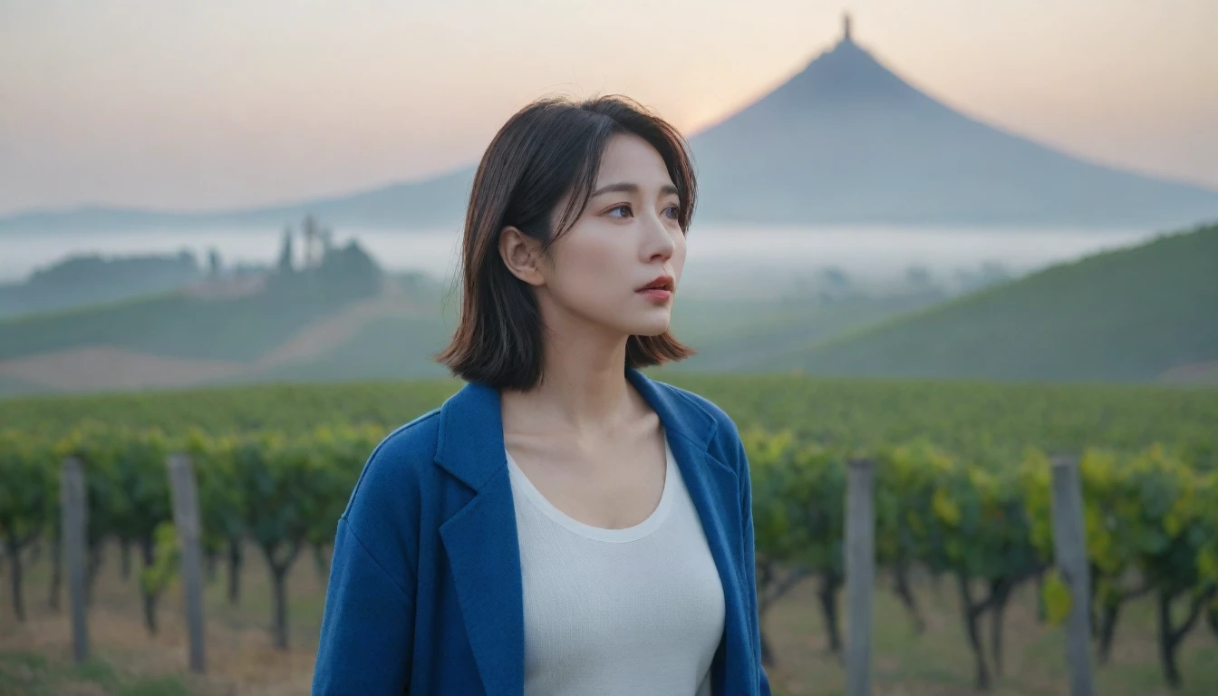 8k best picture quality, Beautiful 36-year-old Korean woman, short and nice weather. Chest size 34 inches, Dense fog at dawn in the Italian countryside, past the vineyard, The cathedral can be seen in the fog on a hill in the distance.., The back background is realistic and vivid quality., Short and medium hair blowing in the wind, Wear comfortable travel clothes, Casual pants and cardigans., a faint smile. the background is clear, Short and slim Korean woman, stand far away, Photo taken with a wide-angle lens