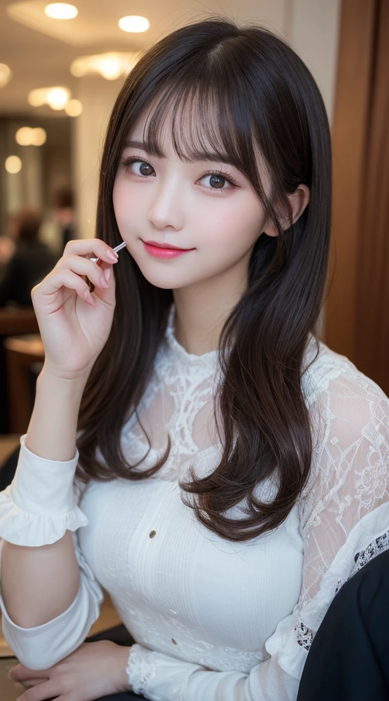 Tabletop, Highest quality, shape, Very detailed, finely, High resolution, 8k wallpaper, 完璧なダイナミックな構shape, Beautiful and exquisite,ランダムなcute髪,,Natural color lip、20-year-old girl、cute、Looking into the camera,Always blur the background,Perfect and beautiful face,Slim face and figure,Big eyes、Putting on gal makeup,Small face,Shooting from below、Blurred Background,Elegant feminine face、Cyberpunk Fashion、smile、Change pose randomly、Randomly change the shooting angle and position、One person、Lolita Fashion、Cinderella、Real Photo、Raw photo