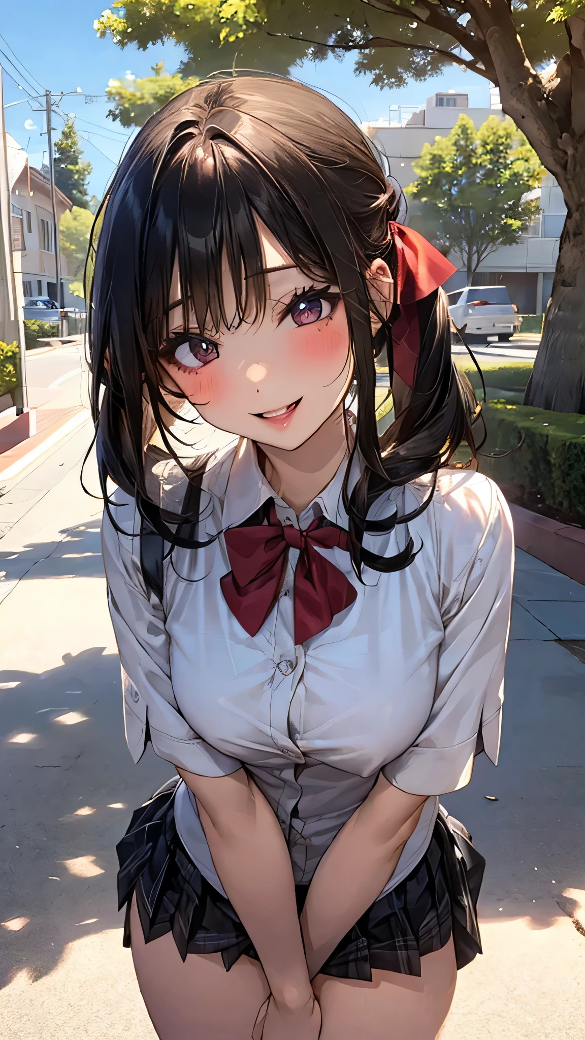 ((Highest quality, High resolution, masterpiece, detailed)),
Cowboy Shot, Written boundary depth, View your audience, Anatomically correct, 1people々, woman, Perfect Face, Cute and symmetrical face, Shiny skin,
(Medium Hair, Black Hair), Chestnut brown eyes, Long eyelashes, (Large Breasts:0.8),
Beautiful details, Beautiful Hair, Beautiful Face, Beautiful clavicle, Beautiful body, Beautiful breasts, Beautiful thighs, Beautiful feet,
(Collared shirt, Navy blue short pleated skirt, Red bow tie, necklace, panties),
(Beautiful views), evening, walk, Tree-lined street, (Wink, Skirt flip),