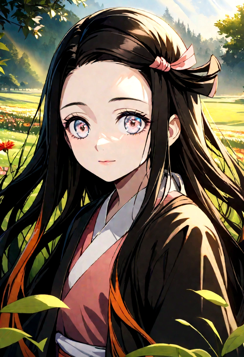 A close-up shot of Nezuko, her eyes meeting the viewer's gaze with a peaceful look. The background is a tranquil nature scene with green fields, vibrant flowers, and gentle sunlight, creating a sense of calm and serenity. Detailed textures, vibrant hues, peaceful setting, hd quality
