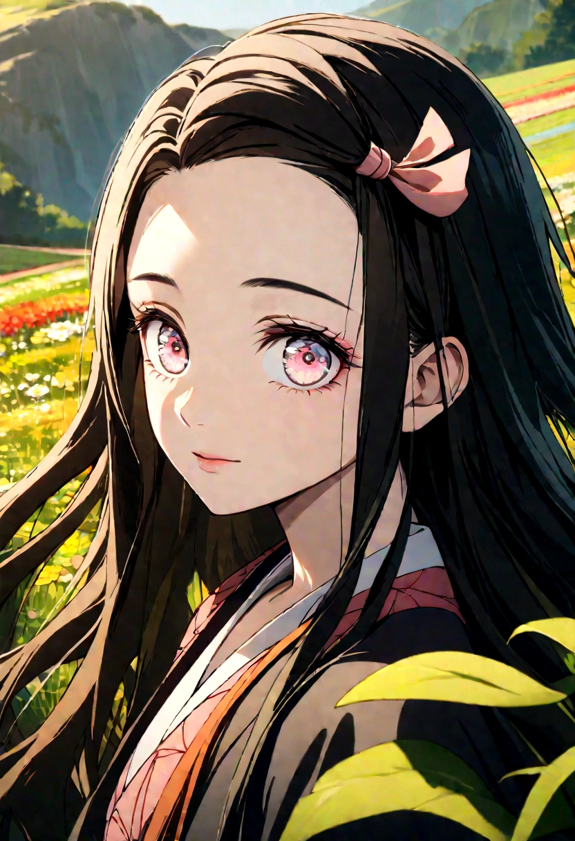 A close-up shot of Nezuko, her eyes meeting the viewer's gaze with a peaceful look. The background is a tranquil nature scene with green fields, vibrant flowers, and gentle sunlight, creating a sense of calm and serenity. Detailed textures, vibrant hues, peaceful setting, hd quality
