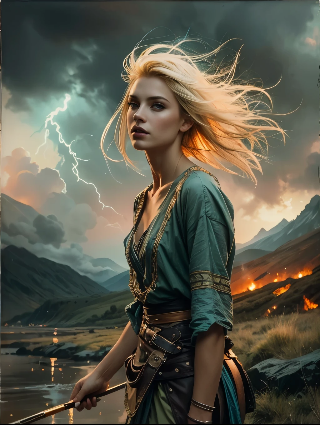 (masterpiece), cartoon, best quality,(photo_(medium):1.0), by Antonio J. Manzanedo, by Jeremy Lipking, lightning, in a surreal Scottish landscape, painting style with watercolor, Brushstrokes, black eyes,colorful,vibrant colors,1 ultra hot gorgeous European woman. Blonde hair. Casual clothes.