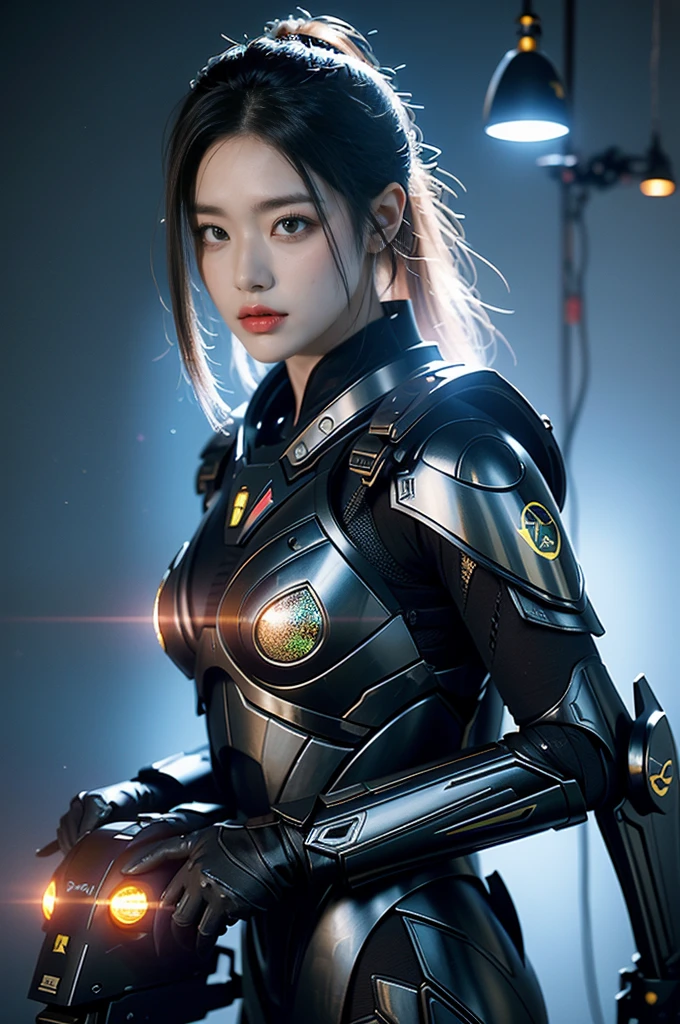Game Art，Best image quality，Maximum resolution，8K，((A bust photo))，((portrait))，(Rule of Thirds)，Unreal Engine 5 rendering works， (Future girl)，(Female Warrior)， 22-year-old young hacker)，(Oriental hairstyle)，(Beautiful eyes full of details)，(Large Breasts)，(Eyeshadow)，Elegant and charming，indifferent，((frown))，(Combat uniforms full of futuristic technology，This costume combines futuristic power armor and，Clothing is decorated with glittering patterns and emblems)，（裤裆部有个大lamp），Cyberpunk Characters，in the style of futuristic， lamp，Ray Tracing，Game CG，((3D Unreal Engine))，OC rendering reflection mode