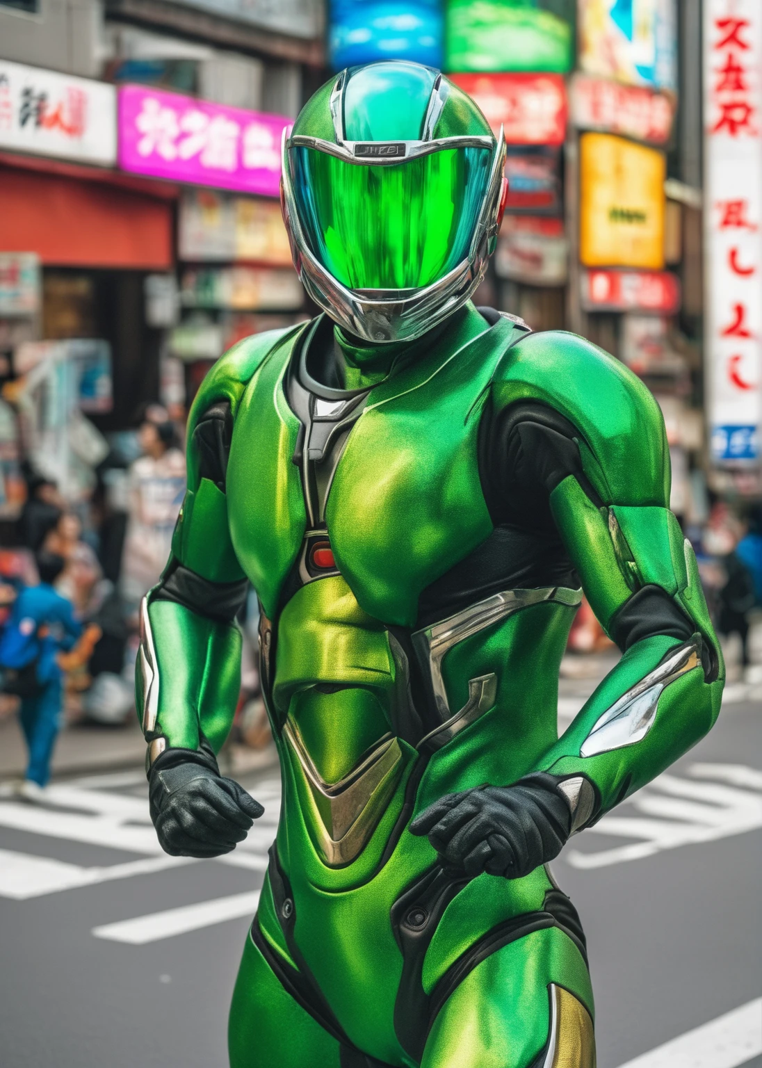 A naked man wearing a hero helmet is standing in the street, Special Effects, Kamen Rider character, high fantasy Kamen Rider, Toei, Kamen Rider, Special Effects suit vaporwave, Ultraman, Kamen Rider action pose, Green Power Ranger, Hairy body、 Iron Conkin Kret, hidetaka tenjin, Naked men in their 40s、