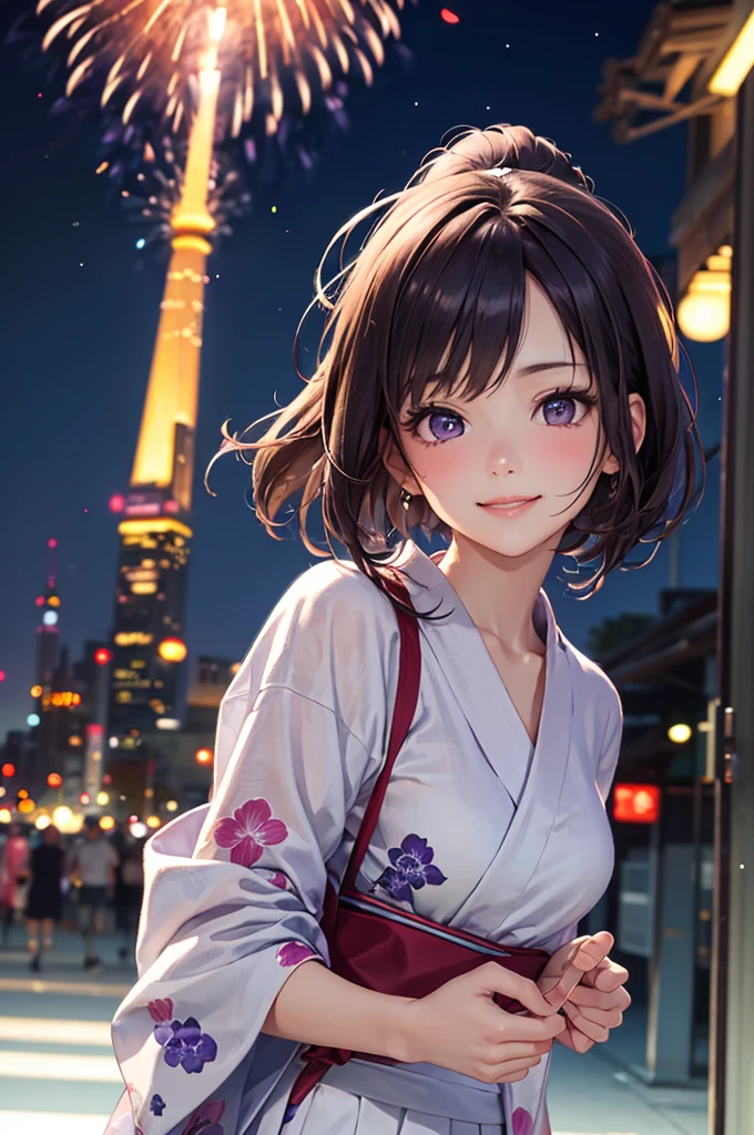 (Best Quality,High resolution,8K,finelity detailed background,Masterpiece:1.2),beautiful girl,Shiny purple hair,pony tail,Beautiful purple eyes,Gentle look,A refreshing look,Best quality,Best Quality,Aesthetic and aesthetic:1.2,Best details((Super detailed))(High-definition CG illustrations),yukata(Floral),Slender body,night,Fireworks display,Fireworks in the background,Fireworks,smile,blush,cute,Scrounge,Looking up,Being spoiled,super model,looking up
