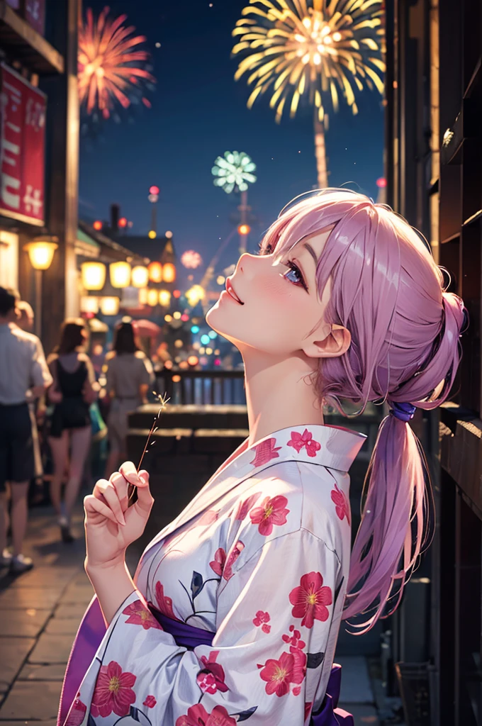 (Best Quality,High resolution,8K,finelity detailed background,Masterpiece:1.2),beautiful girl,Shiny purple hair,pony tail,Beautiful purple eyes,Gentle look,A refreshing look,Best quality,Best Quality,Aesthetic and aesthetic:1.2,Best details((Super detailed))(High-definition CG illustrations),yukata(Floral),Slender body,night,Fireworks display,Fireworks in the background,Fireworks,smile,blush,cute,Scrounge,Looking up,Being spoiled,super model,looking up