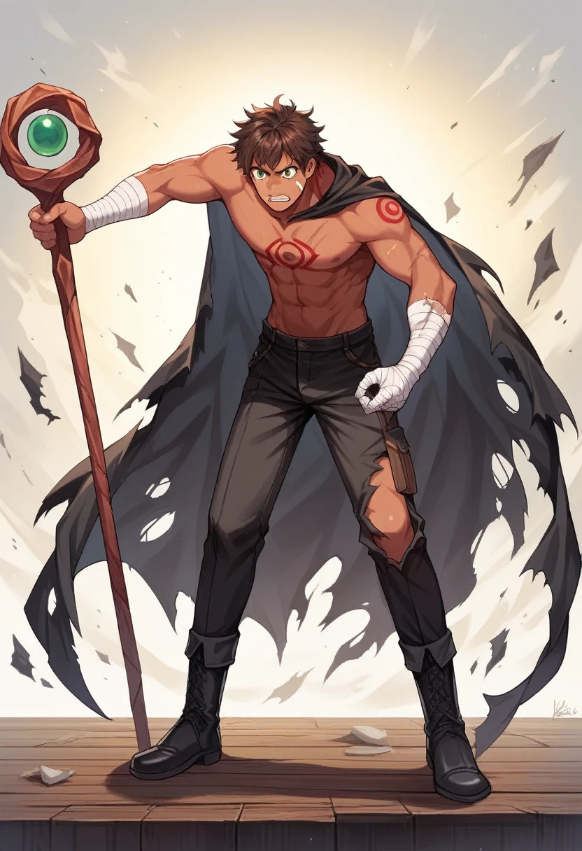 source_anime, score_9, score_8_up, score_7_up, score_6_up, score_5_up, score_4_up, masterpiece, best quality, detailed, 8k, brown hair, green eyes, man, 1boy, solo standing, magician, ripped cloak, torn cloak, holding a wooden staff, black skin tight body suit, red markings on bodysuit, bandaged arms, boots, cargo pants, scared face, scars, arms apart, confident, messy hair,