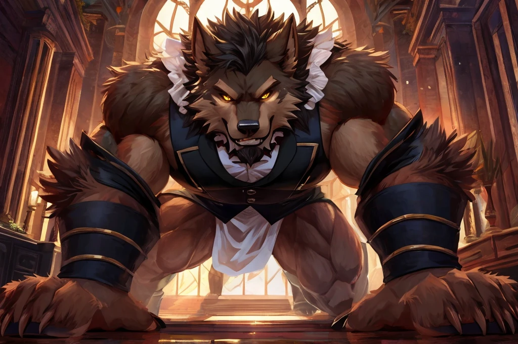 Giant Buff Werewolf Butler, Confident, Golden Eyes, Muscular, Handsome, Charming, View from Below
