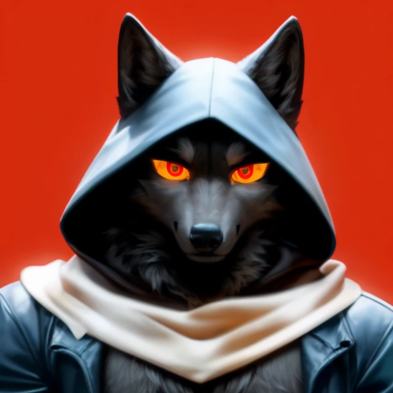 A black male anthro wolf, wearing a black jacket. His are visible. His head is covered by the hood of the jacket. His eyes is glowing orange with red pupil and black in the middle of red pupil. He has a long white scarf wrapped around his jacket neck. Red background. Sfw. Detailed realistic eyes, hd graphic, best 4k high quality detailed art.