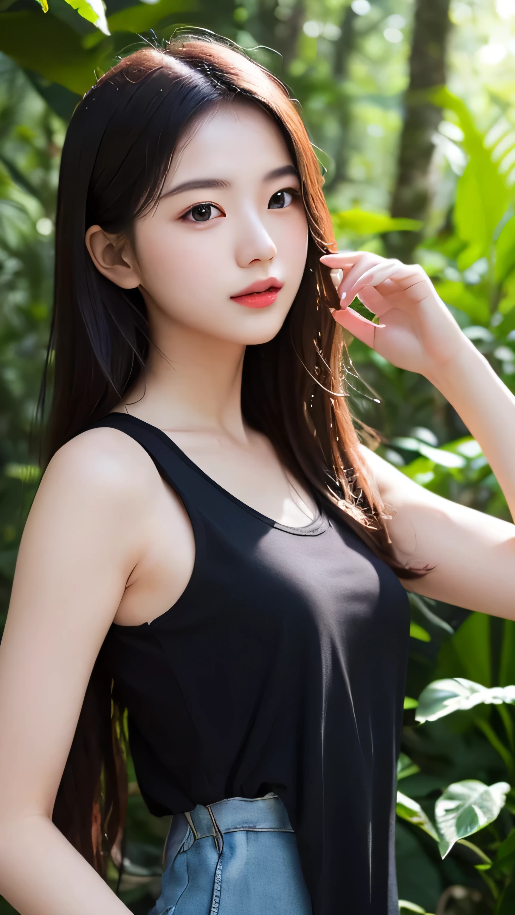 Create an enchanting illustration of a beautiful woman wearing a tank top, set against a backdrop of a lush forest. Ensure to capture the serene beauty of the natural setting while focusing on the exquisite detail of the subject.
