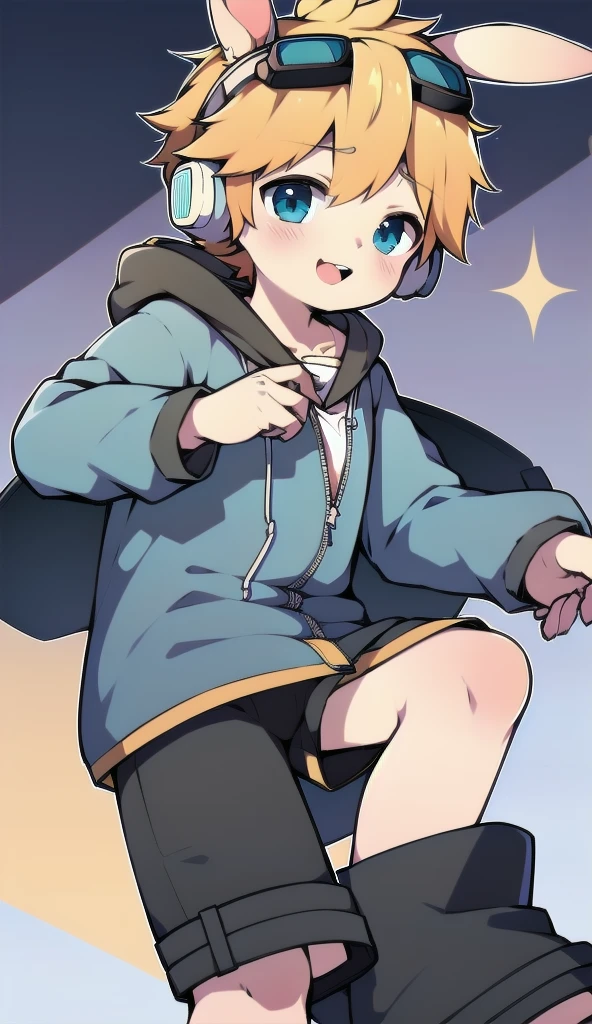 2D Boy Shota,One-piece pajamas,Slim, healthy body,Put the headphones on your head,stand up,goggles,Rabbit ears,happy,Sailor collar,tie,Zipper pulled down,hood