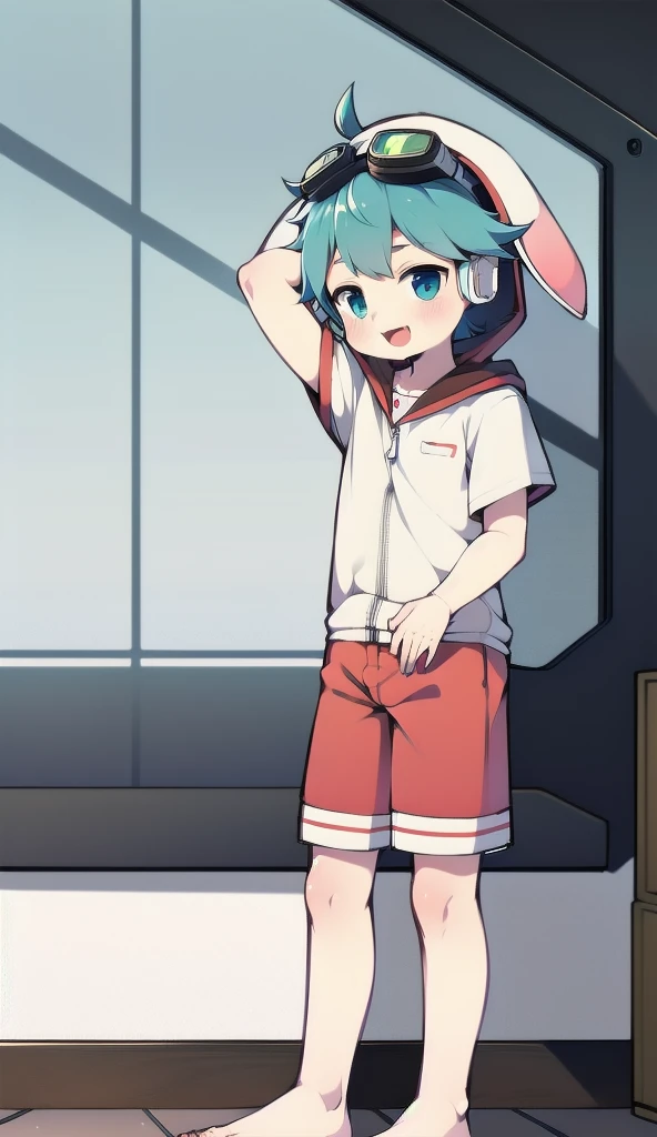 2D Boy Shota，One-piece pajamas，Slim, healthy body，Put the headphones on your head，stand up，goggles，Rabbit ears，happy，Sailor collar，tie，Zipper pulled down，hood