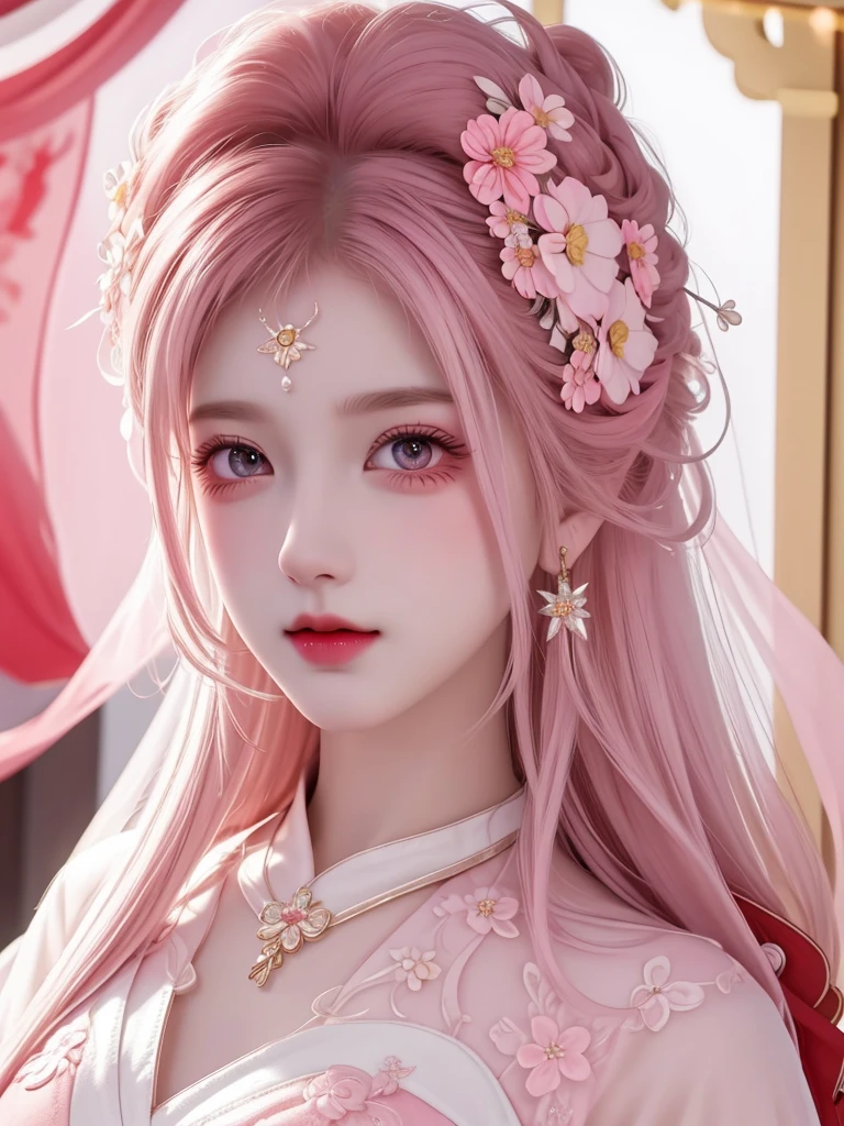 best quality, masterpiece, High target, There is a girl with a basket of flowers on her head, Big breast beauty,Very sexy,Beautiful red dress, Hair Decorationss, necklace, Decorations, Pretty Face, When the body, Tyndall effect, Realistic Portraits, Edge lighting, Two-color light, (Very delicate skin:1.2), 8K uhd, Digital SLR Camera, Soft Light, high quality, Volumetric Lighting, Honest, photo, high resolution, 4K, 8K, Bokeh,Colored hair,Pink Eyes.