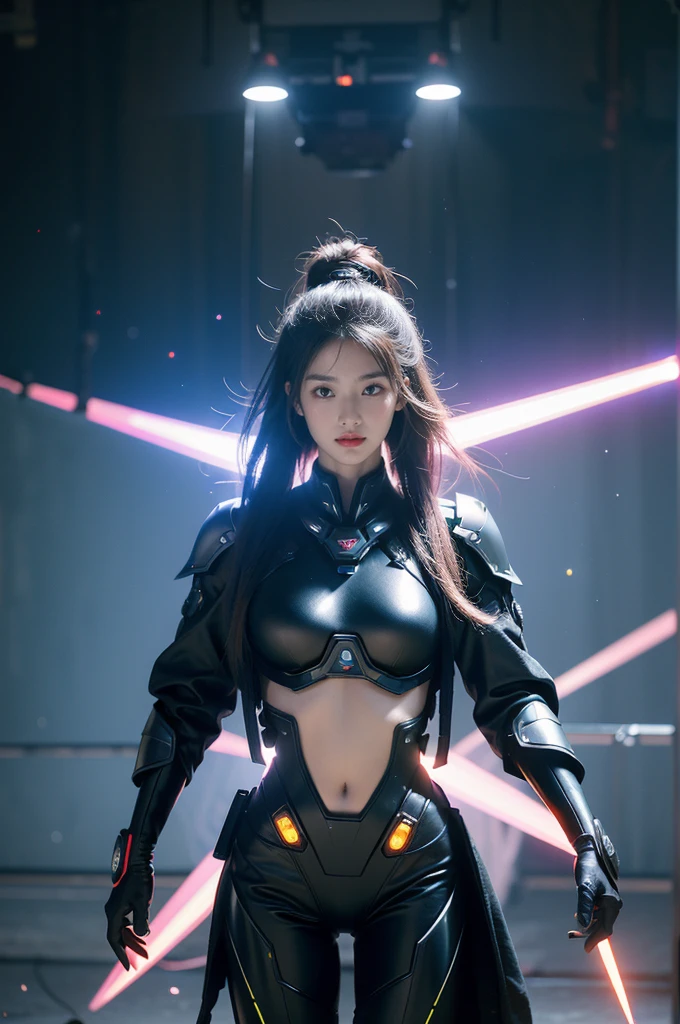 Game Art，Best image quality，Maximum resolution，8K，((A bust photo))，((portrait))，(Rule of Thirds)，Unreal Engine 5 rendering works， (Future girl)，(Female Warrior)， 22-year-old young hacker)，(Oriental hairstyle)，(Beautiful eyes full of details)，(Large Breasts)，(Eyeshadow)，Elegant and charming，indifferent，((frown))，(Combat uniforms full of futuristic technology，This costume combines futuristic power armor and，Clothing is decorated with glittering patterns and emblems)，(Crotch nude underwear exposed)，（部有个大lamp），Cyberpunk Characters，in the style of futuristic， lamp，Ray Tracing，Game CG，((3D Unreal Engine))，OC rendering reflection mode