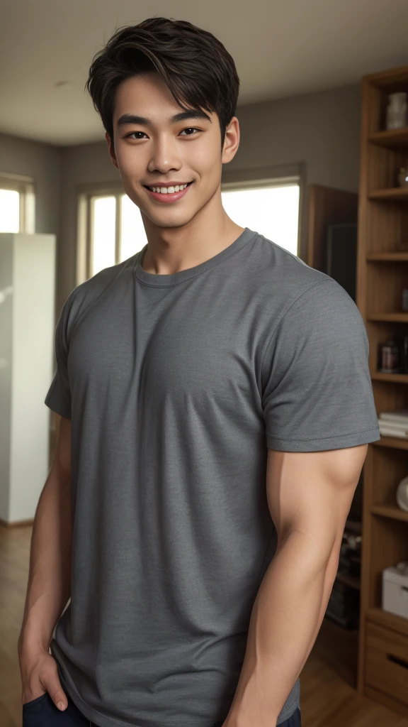 ((Highest quality, 8K, Masterpiece: 1.3))、Cool Thai man, １A man who has、 yo、Good appearance、Beautiful nose、smile、 Detailed eyes and face、beautiful light、(studio)、high resolution、（Look at the viewer.）、Fine mouth、smile、whole body: 1.5, perfect shape: 1.3, Picture of both shoulders:1.3, Gray round neck t-shirt:1.5
