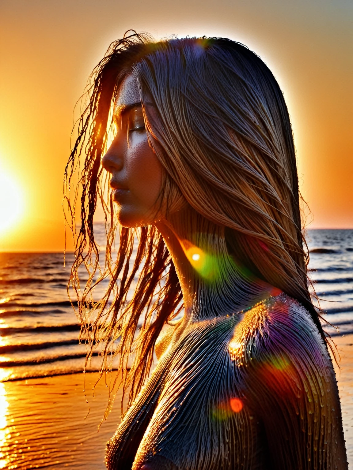 A 30-year-old woman stands on the wet sand on the seashore against the backdrop of sunset, close-up face looking at the camera