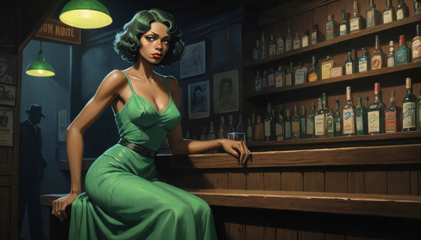 robert johnson, gritty, alabama bar, blue note, charismatic , green dress, illustration, noir fantasy, lone canadian lady, sad ending, saxophonist