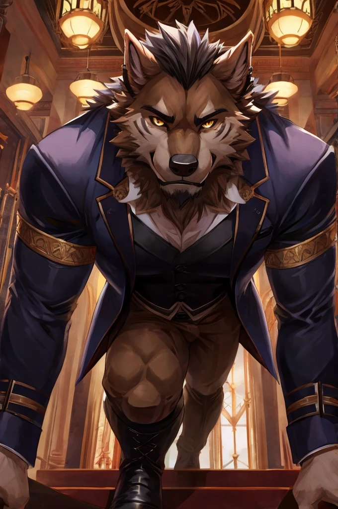 Giant Buff Werewolf Butler, Confident, Golden Eyes, Muscular, Handsome, Charming, View from Below