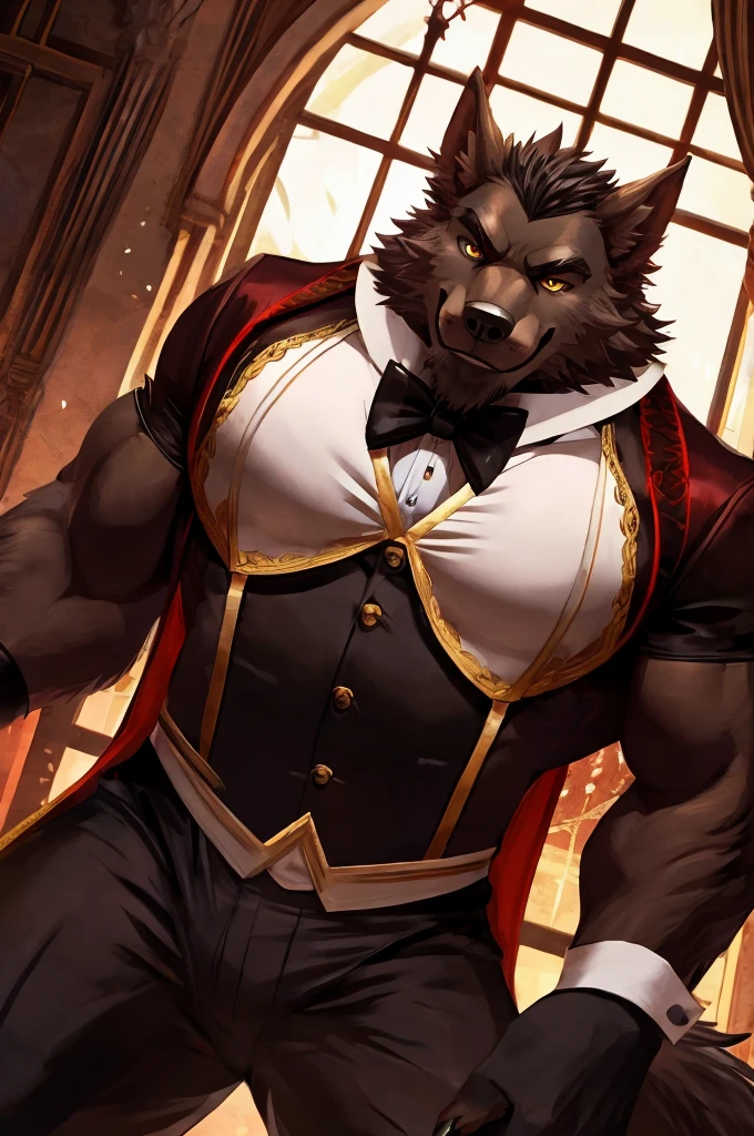 Giant Buff Werewolf Butler, Confident, Golden Eyes, Muscular, Handsome, Charming, View from Below