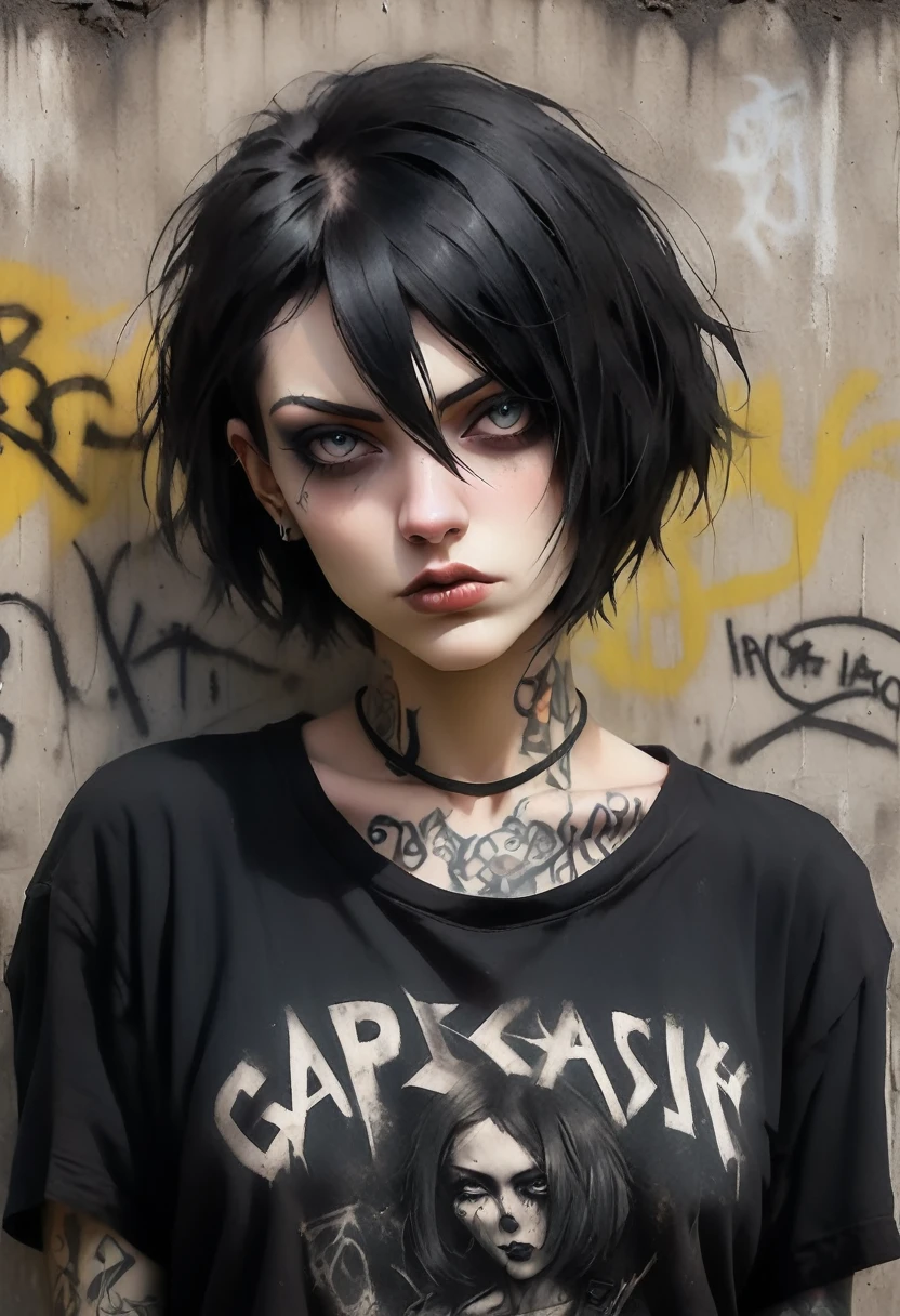 portrait of a female rocker, expressive eyes, tattoo, short bob hair, attitude, sultry, pictorialism, dystopian, grim dark, goth, chiaroscuro, contrast, surrealism, gritty background, background grunge graffiti wall,