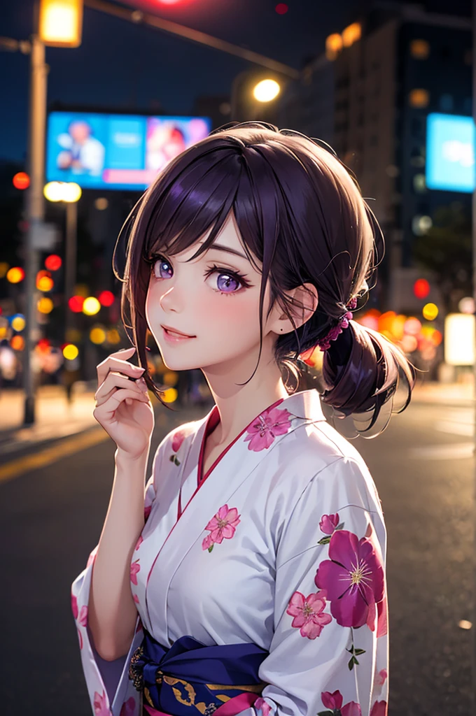 (Best Quality,High resolution,8K,finelity detailed background,Masterpiece:1.2),beautiful girl,Shiny purple hair,pony tail,Beautiful purple eyes,Gentle look,A refreshing look,Best quality,Best Quality,Aesthetic and aesthetic:1.2,Best details((Super detailed))(High-definition CG illustrations),yukata(Floral),Slender body,night,Fireworks display,Fireworks in the background,Fireworks,smile,blush,cute,Scrounge,Looking up,Being spoiled,super model,looking up