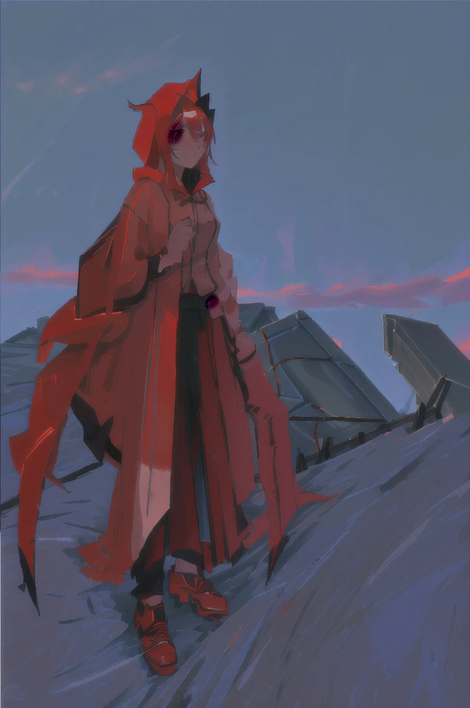 cartoon of a Girl in a red and black outfit with a blade, red demon cloak, villain wearing a assassin suit, red hooded assassin, crimson attire, assassin