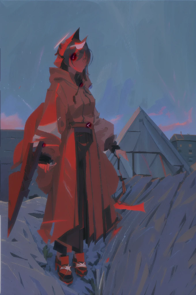 cartoon of a Girl in a red and black outfit with a blade, red demon cloak, villain wearing a assassin suit, red hooded assassin, crimson attire, assassin